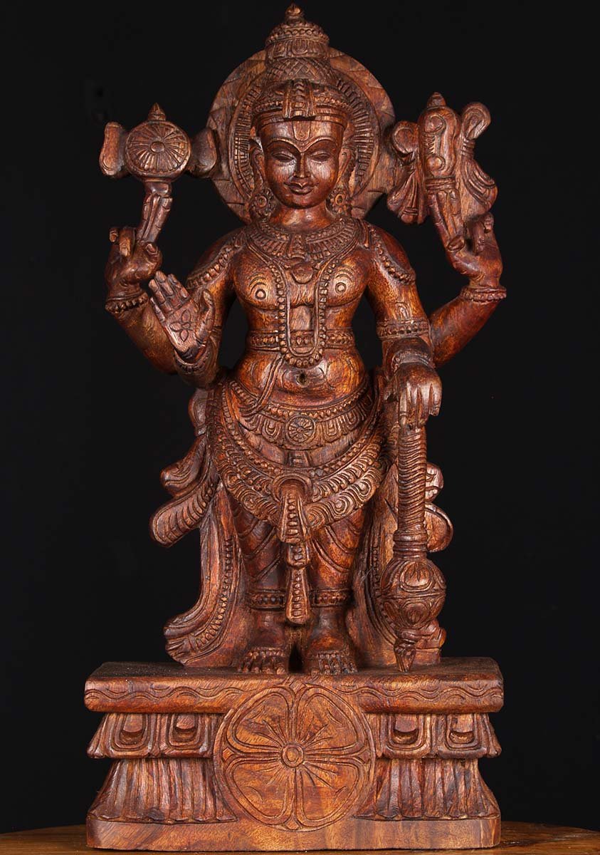 Wooden Vishnu Statue Holding Large Club 24"